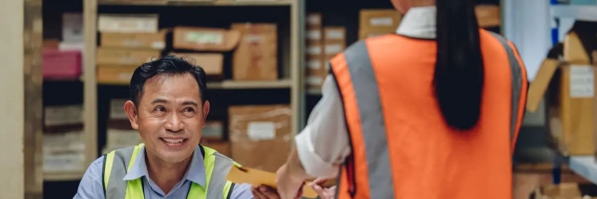 Payroll Factoring Balancing Cash Flow and Employee Payments Warehouse worker smiling and interacting with a colleague in a busy workplace.